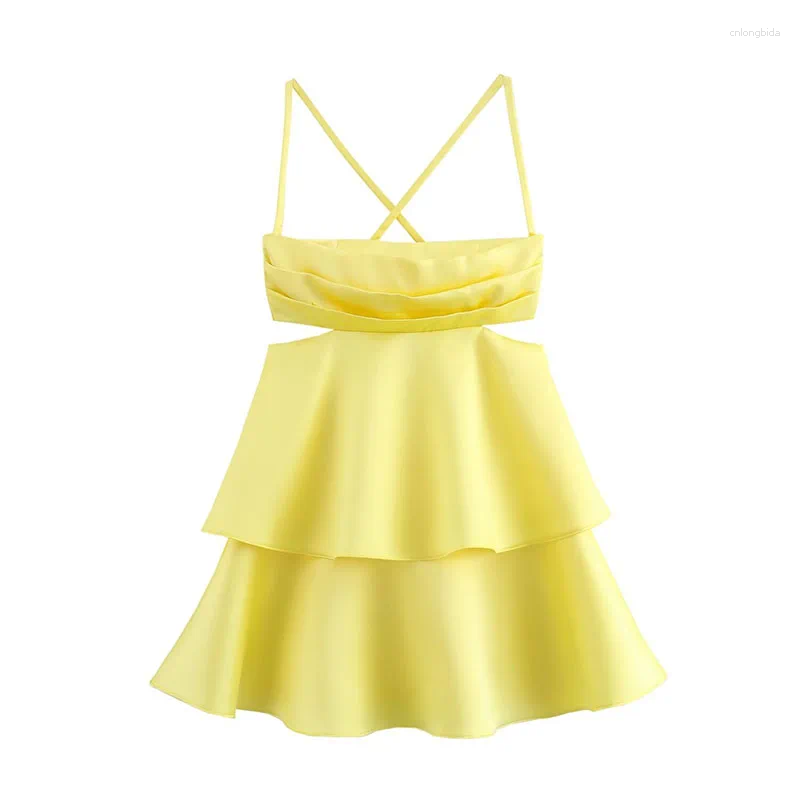Casual Dresses Women Fashion Mini Dress Yellow Square Collar Sleeveless Backless Hollow Out Zipper Female Summer Sexy