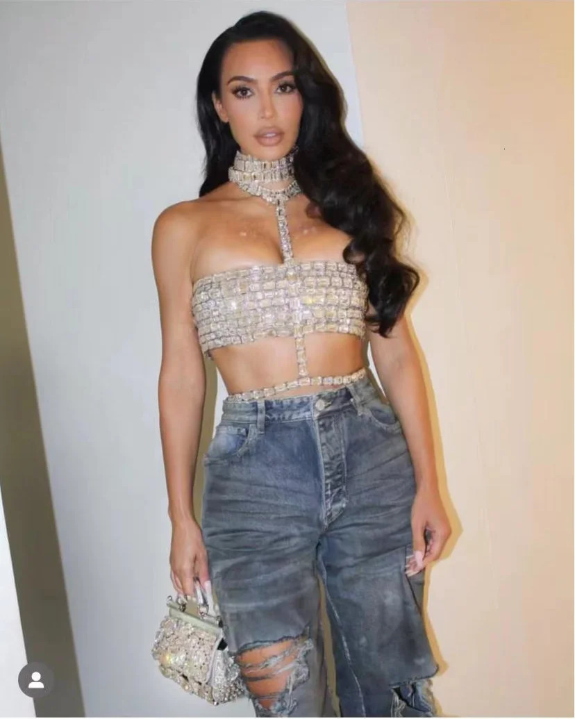 Arrival Shinning Big Crystal Celebrity Fashion Red Carpet Tops Women Sexy Halter Bodycon Tank Tops Po Shoot Wear 240603