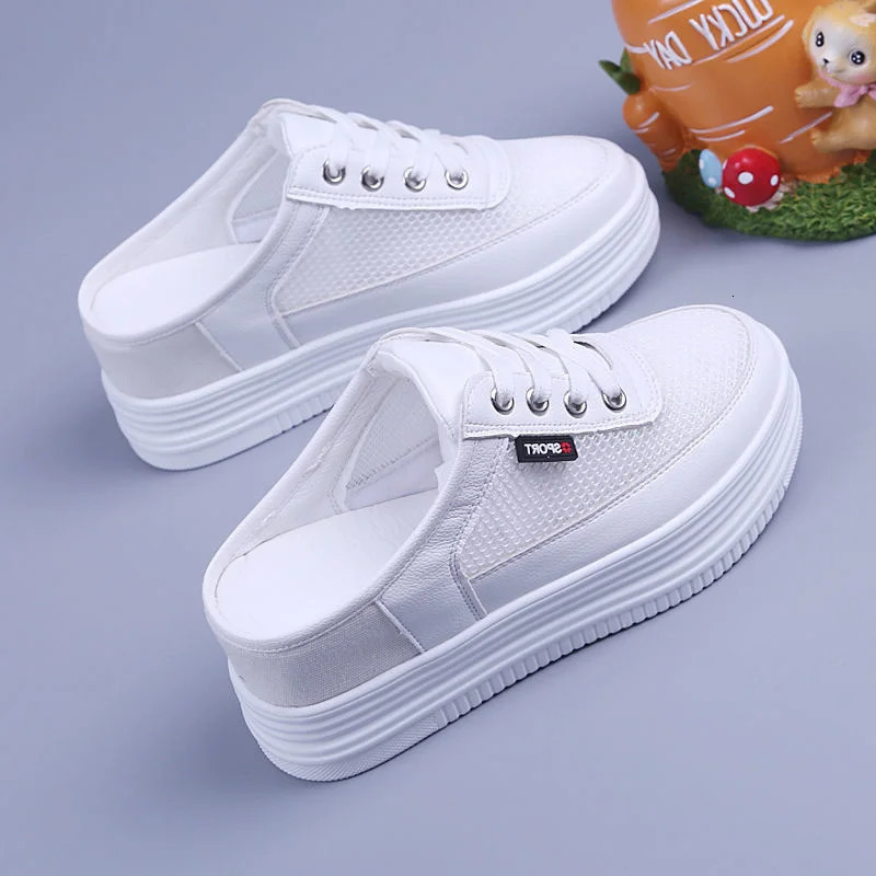 New Half Slippers Women Mesh Mules Summer Inner Heightening Outdoor Breathable Casual Shoes White Platform Slip On Sneakers 240618