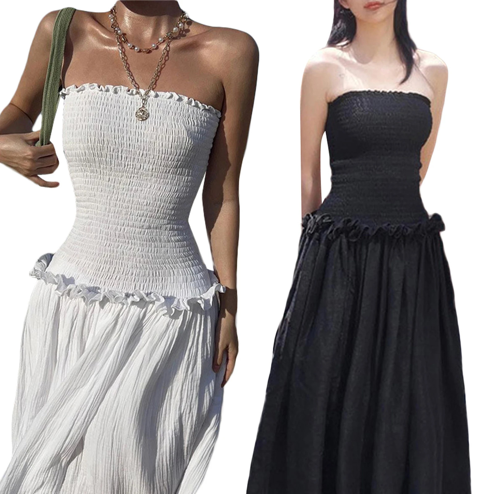 Women Summer Off Shoulder Ruched Bust Ruffle Trim Tube Top Dress Ruched Frills Strapless Sleeveless Party Long Dress 240617