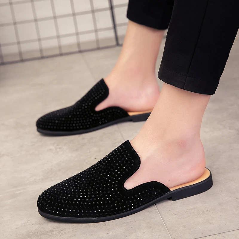 Glitter Rhinestone Leather Shoes Men Outerwear Half Mules Casual Slides Slippers Sandals Male Fashion Mocassins 240618