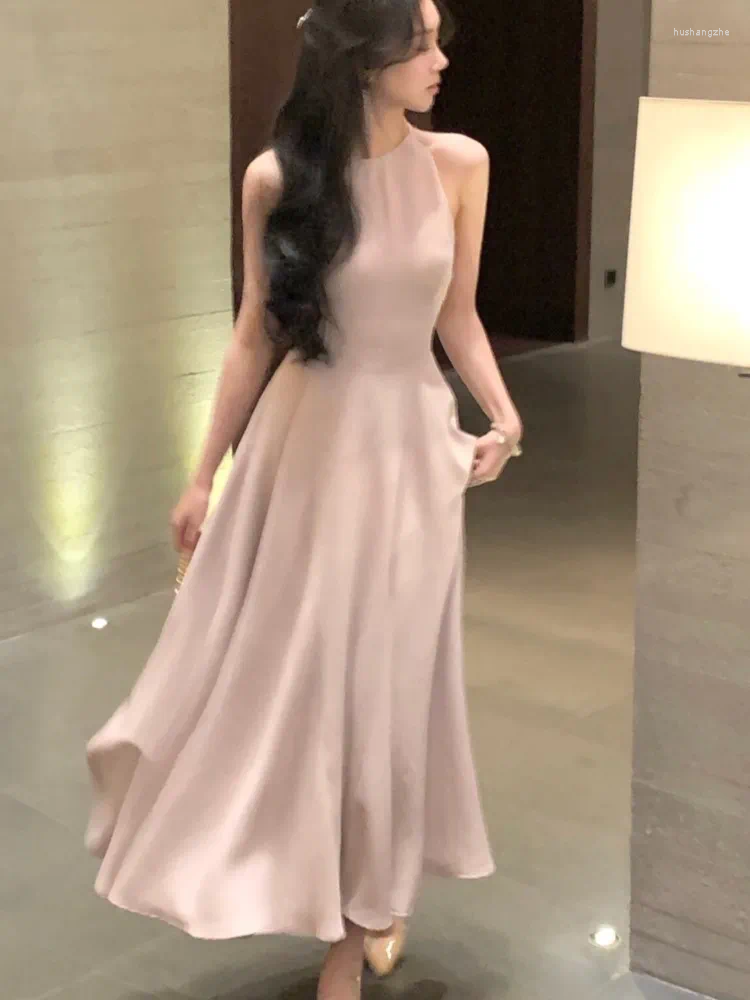 Casual Dresses France Vintage Halter Evening Party Long For Women Solid Sleeveless A-line Princess Wedding Prom Robe Spring Vestido