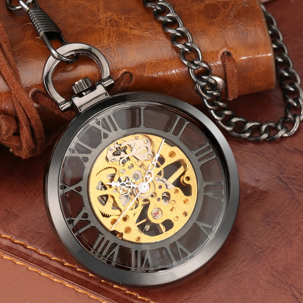 Classic Trendy Hand-winding Pocket Watch Steampunk Pendant Black Case Mechanical Clock Men Women Fob Chain Birthday Xmas Gift 240617