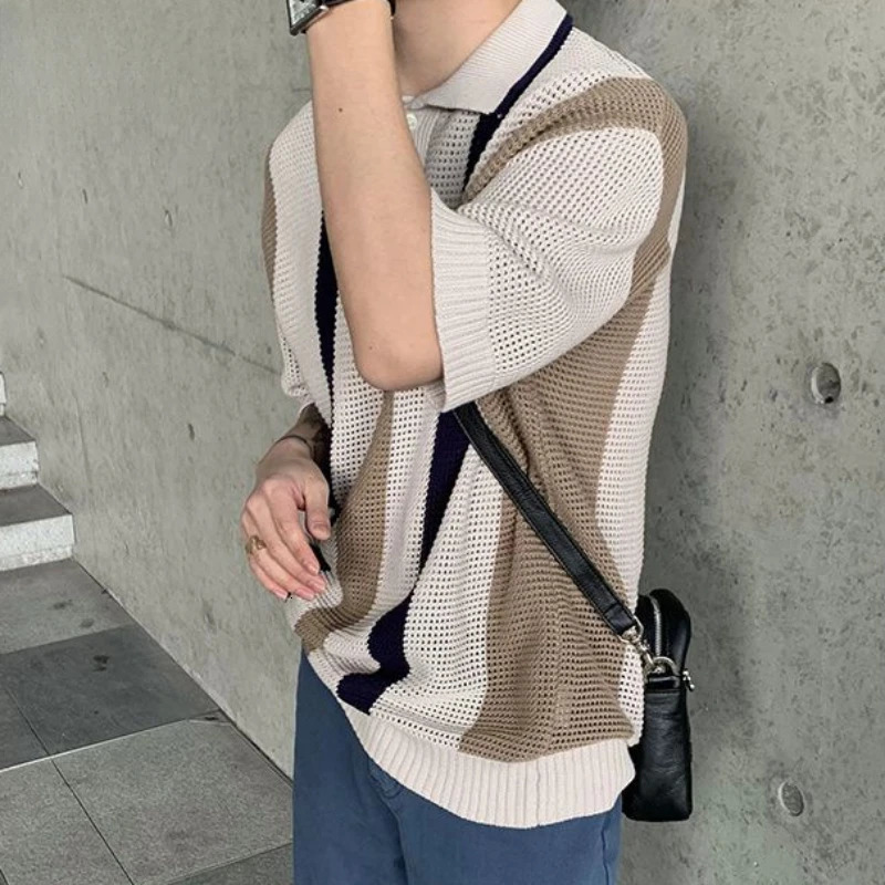 Spring Summer Breathable Hollow Vertical Stripe Color-blocked Knitted Polo Shirt Men Loose Casual High Street Personality Tops 240617