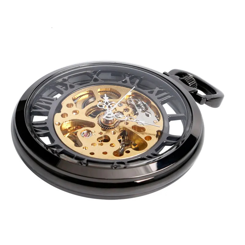 Classic Trendy Hand-winding Pocket Watch Steampunk Pendant Black Case Mechanical Clock Men Women Fob Chain Birthday Xmas Gift 240617