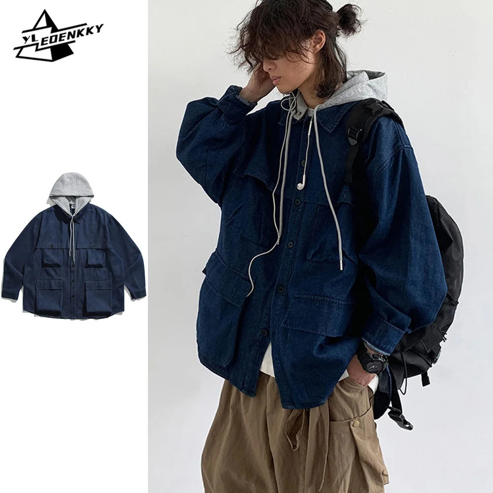 Hooded Denim Jacket Men Women Vintage Detachable Cap Cargo Coat Japanese Oversize Loose Casual Top Spring Couple Unisex Overcoat 240617