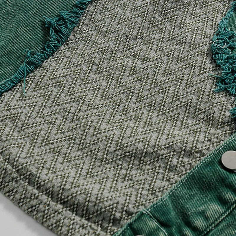 Hip Hop Distressed Denim Jacket Men Vintage Harajuku Patchwork Cowboy Coats Streetwear Casual Loose Varsity Jackets Unisex Green 240617