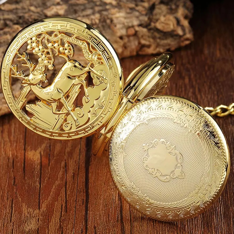 Golden Hollow Deer Pattern Mechanical Pocket Watch Vintage Double Side Steampunk Fob Clock Male Necklace Watch Chain Women Men 240617