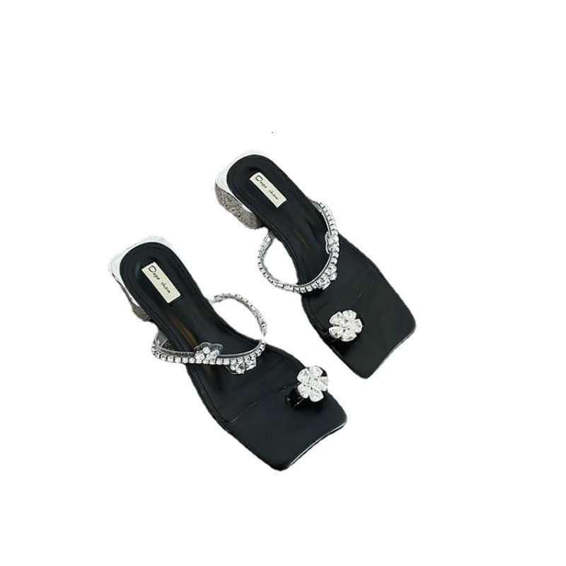 Crystal Womens Slippers Fashion Medium High Heels Clip Toe Flip Slippers Summer Slippers Sandals Dress Party Ladies 240617