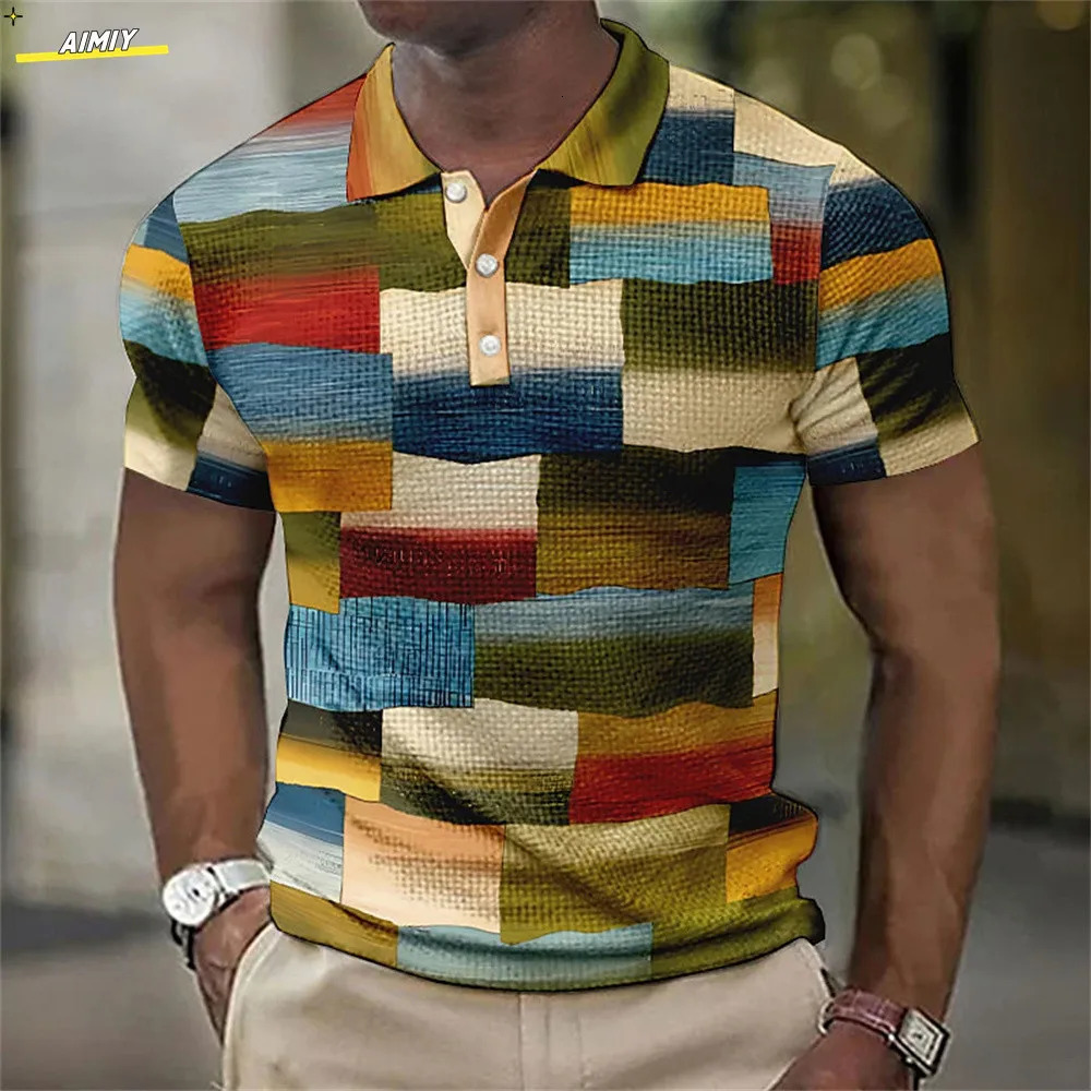 Mens Waffle Lapel Polo Button Up Polos Golf Shirt Plaid Check Graphic Prints Geometry Outdoor Street 240617 Free shipping Free shippi