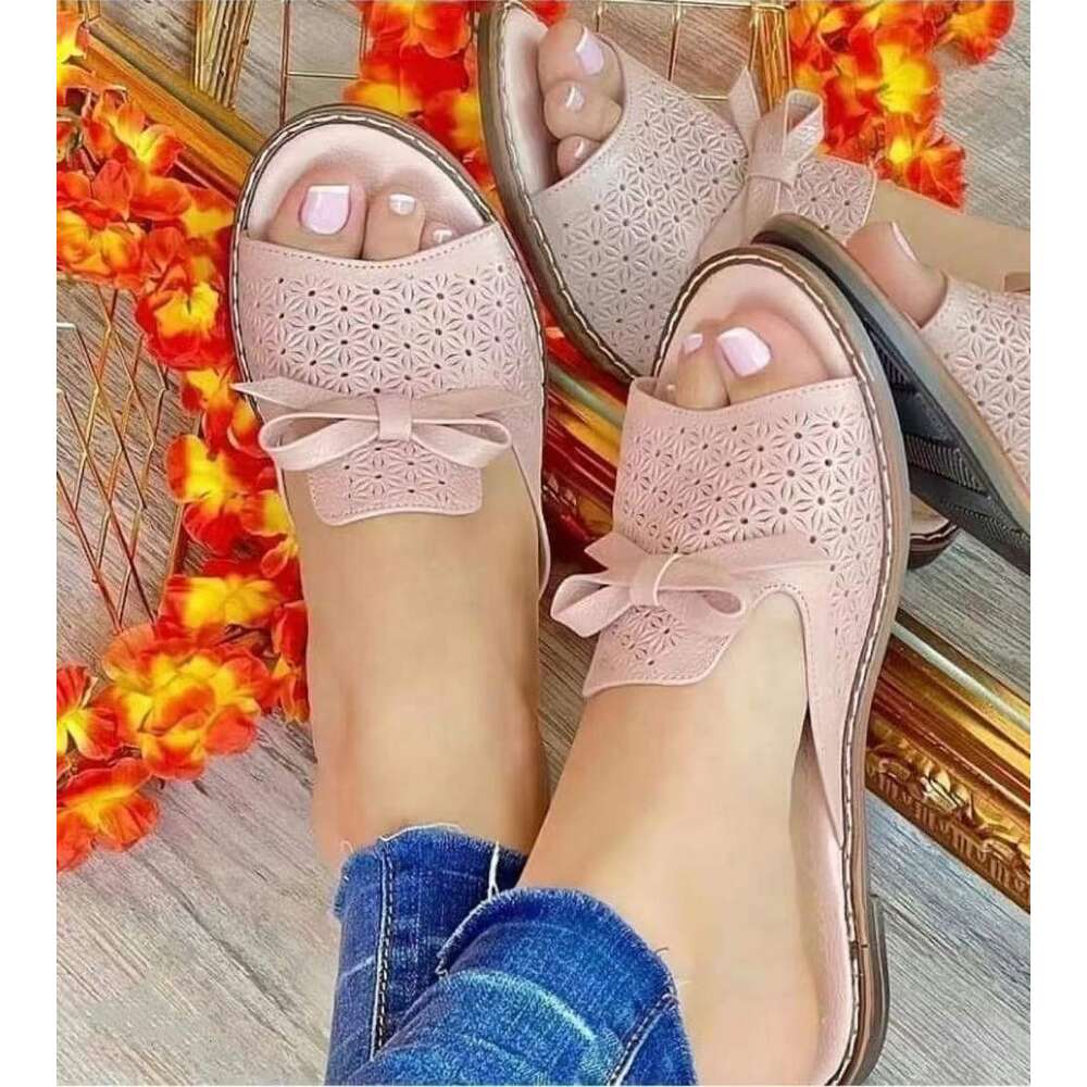 2023 Summer Big Size Ladies Leather Shoes Anti-slippery and Anti-slip Openwork Bow PVC PU Slippers with EVA Insole for Beach