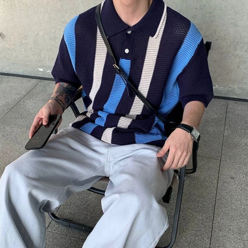 Spring Summer Breathable Hollow Vertical Stripe Color-blocked Knitted Polo Shirt Men Loose Casual High Street Personality Tops 240617