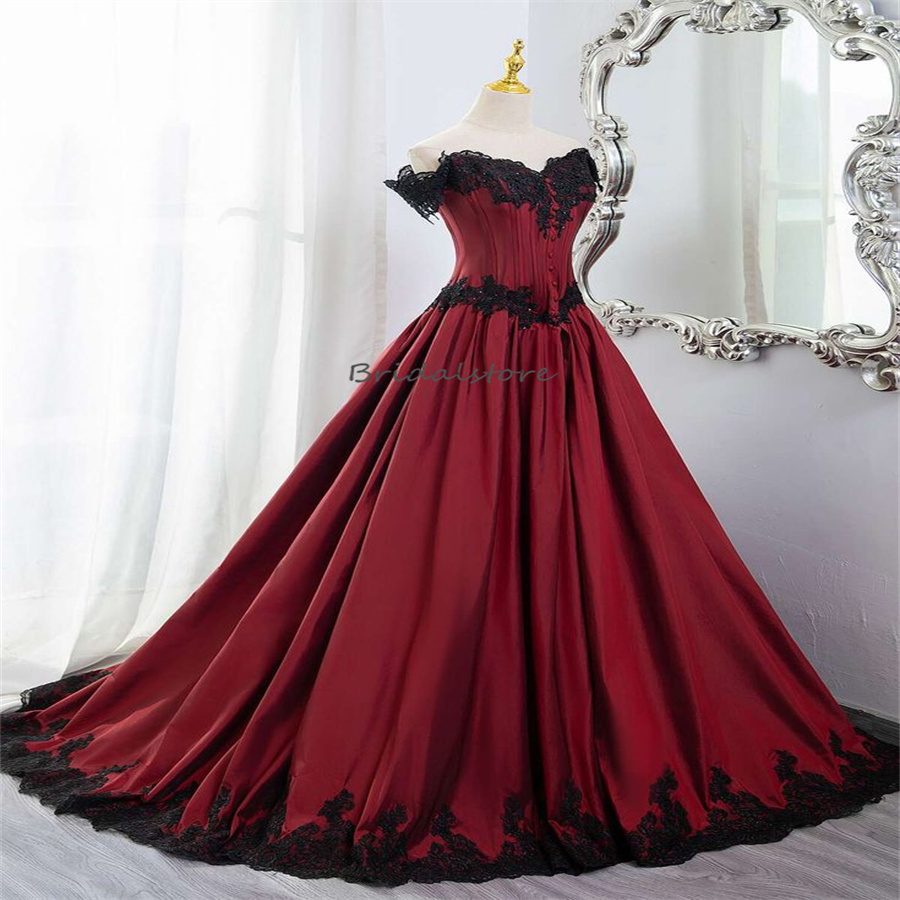 Medieval 1980s Gothic Wedding Dresses Red With Black A Line Off Shoulders Lace Country Bridal Dress Tie Corset Aesthetic Bride vestidos de boda para c