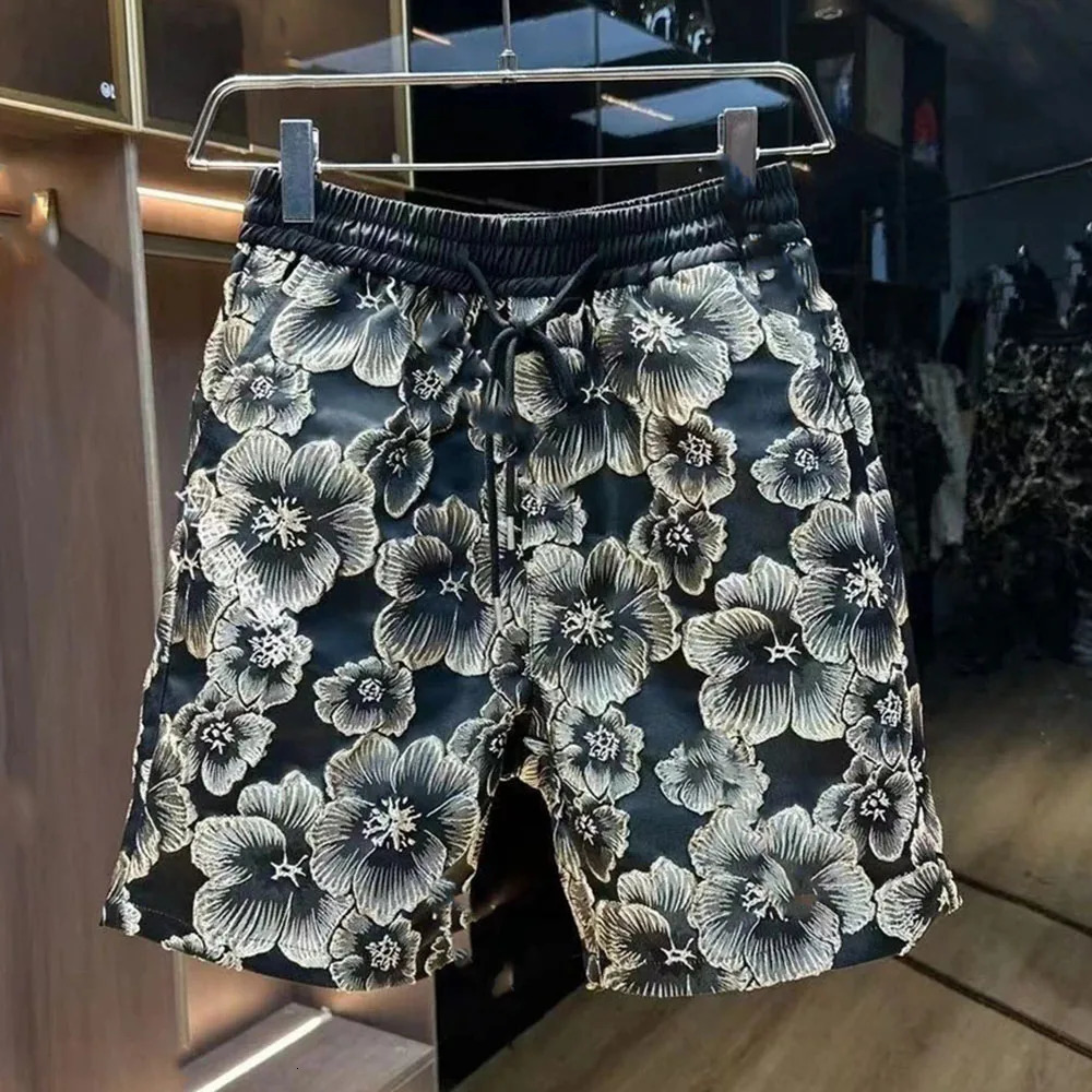 Ethnic Style Emed Bronzing Flower Short-sleeved Shorts Two-piece Set Mens Summer Handsome Loose Black Gold Shirt Suit 240617 Free shipping