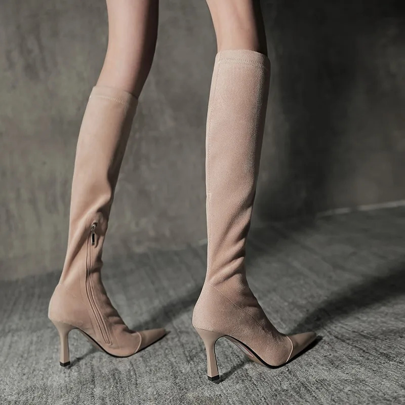 Style Fabric Pointed Stretch Street Toe Women Knee-High Boots Spring Autumn Fashion High Heels Shoes Long Booties