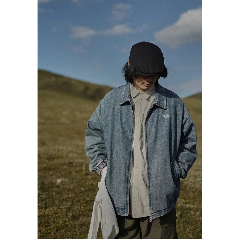 Washed Denim Jacket Men Women Harajuku Loose Versatile Cargo Coat American Casual Lapel Zip-up Jacket Spring Vintage Outerwear 240617