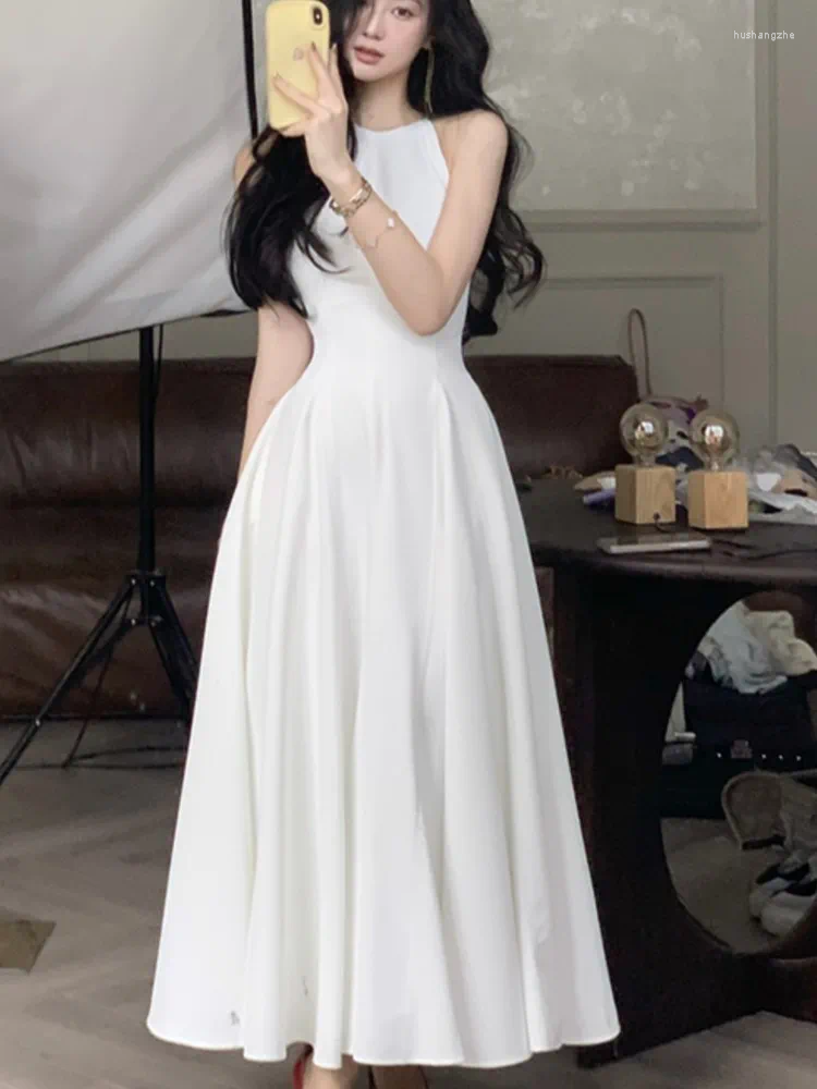 Casual Dresses France Vintage Halter Evening Party Long For Women Solid Sleeveless A-line Princess Wedding Prom Robe Spring Vestido