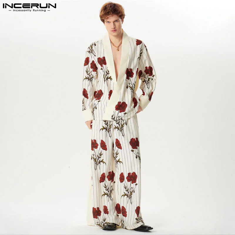 2024 Men Sets Flower Printing Loose V Neck Long Sleeve Shirt Wide Leg Pants 2PCS Streetwear Fashion Mens Casual Suits INCERUN 240617