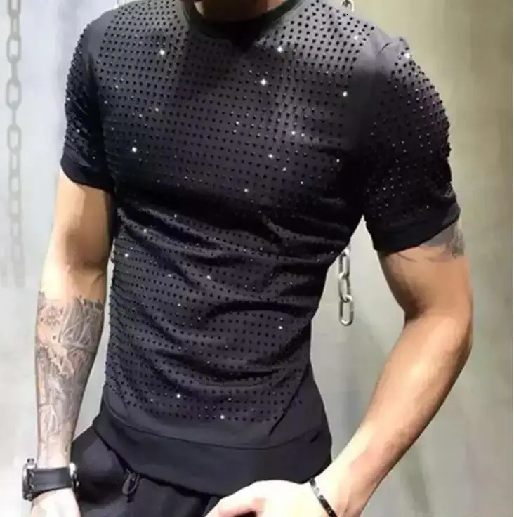 S-6X Hot drill t-shirt European style Rhinestones mens short sleeve top quality man heavy industry T-shirt 240618