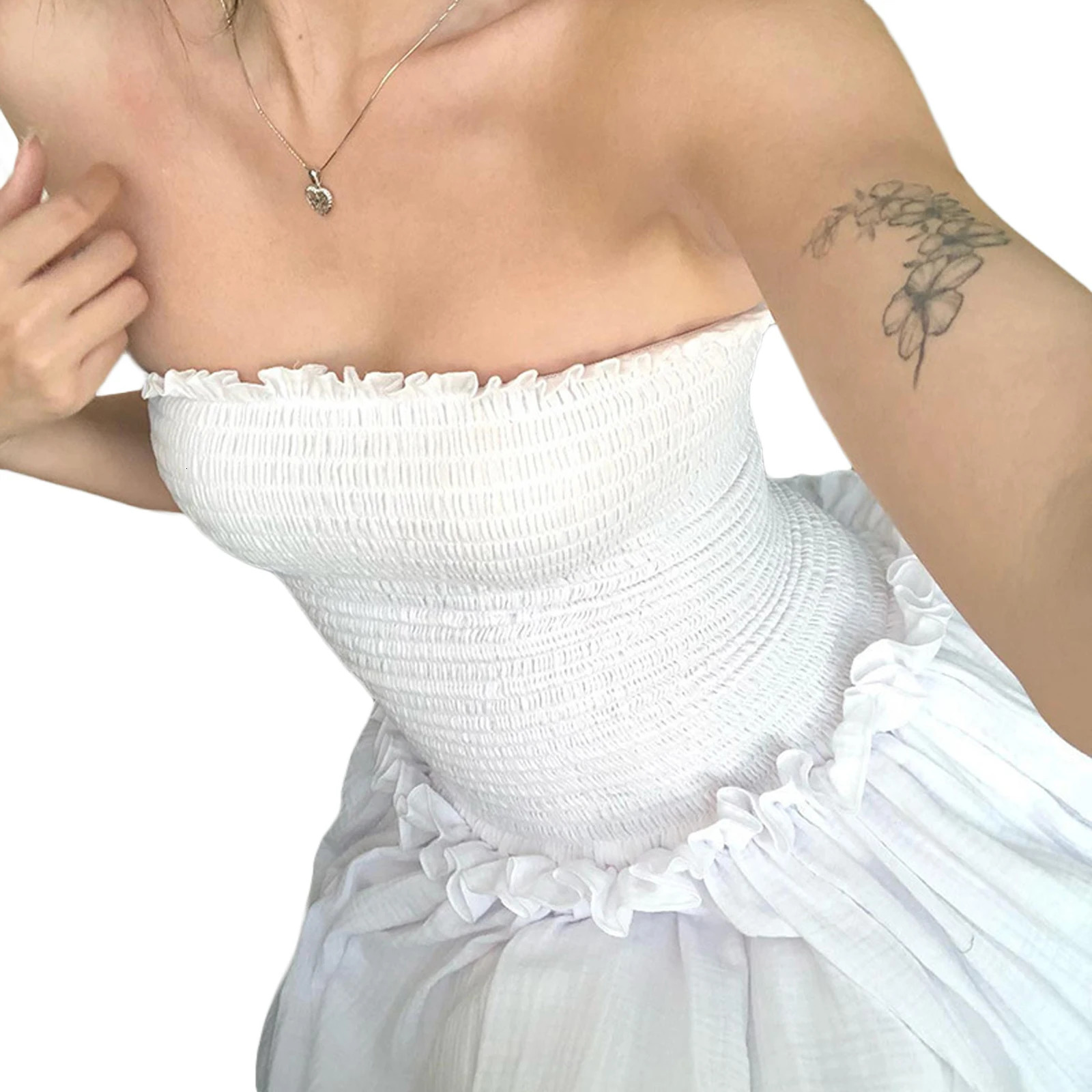 Women Summer Off Shoulder Ruched Bust Ruffle Trim Tube Top Dress Ruched Frills Strapless Sleeveless Party Long Dress 240617