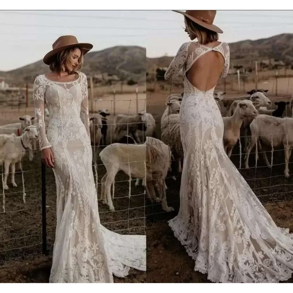 Modern Long Sleeves Country Gothic Mermaid Wedding Dresses Lace Appliques Scoop Neck Illusion Backless Boho Bridal Gowns Robes De Mariee