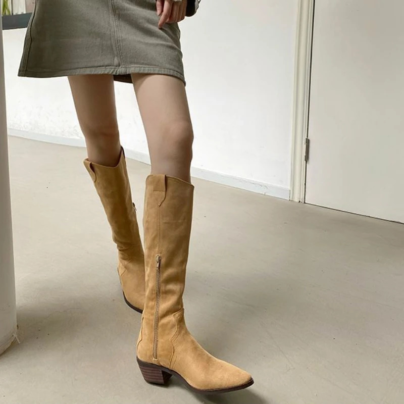 Footwear Cowboy Ladies Boots Winter Knee High Shaft Shoes for Women Western Long Denim Pointed Toe Punk Cowgirl Waterproof Work 240618