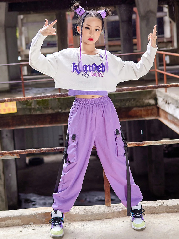 Jazz Dance Costume Kids Hip Hop Clothes Girls White Crop Tops Purple Cargo Pants Long Sleeved K-pop Concert Show Wear BL9259 240618