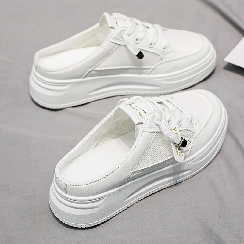Women Shoes Canvas Tenis Casual Half Slippers Flats Female White Mules Backless Sneakers Mesh Breathable Fashion Loafers 240618