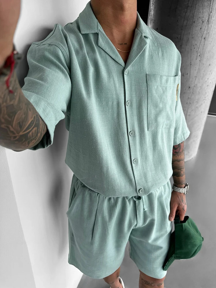 Hip Hop Mens Two Piece Sets Summer Casual Pure Color Short Sleeve Pocket Shirts And Shorts Men Outfits Fashion Loose Suits Male 240617