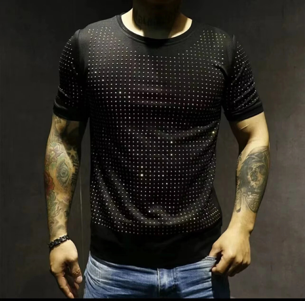 S-6X Hot drill t-shirt European style Rhinestones mens short sleeve top quality man heavy industry T-shirt 240618