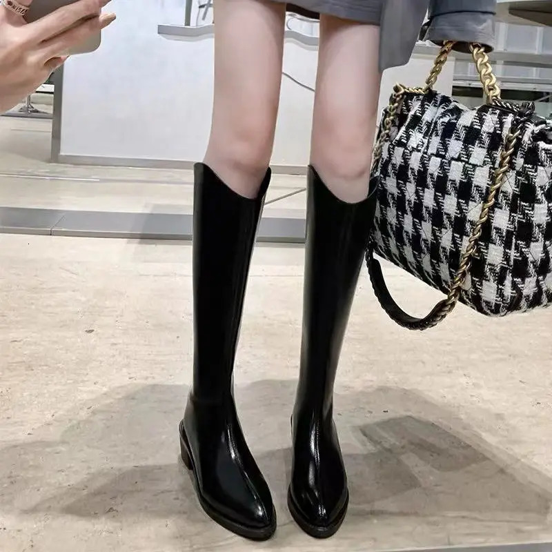 Long Knee Toe Pointed Winter High Shaft Middle Heel Leather Ladies Boots Shoes for Women Footwear Fashion Gyaru Quality