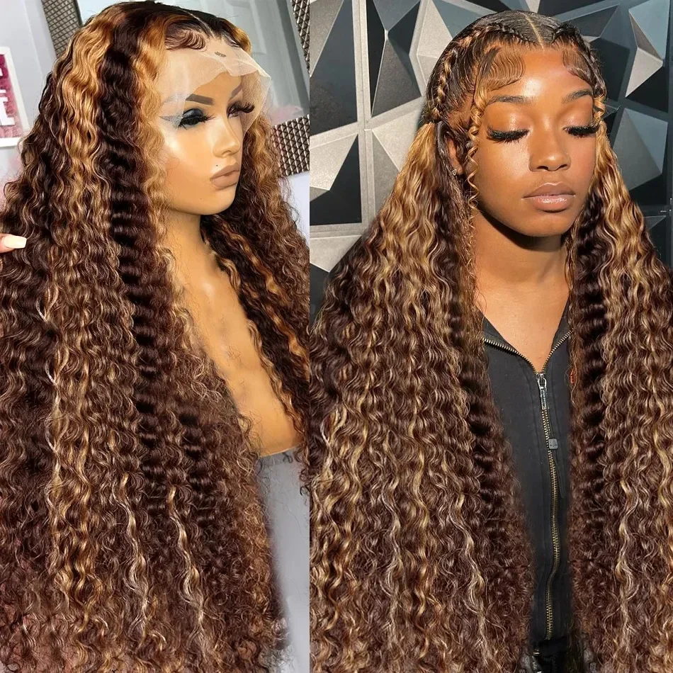 Brazilian 30 Inch Highlight Ombre Frontal Wig Deep Wave Human Hair 4/27 Colored 13X4 Lace Closure Wigs Synthetic For Women
