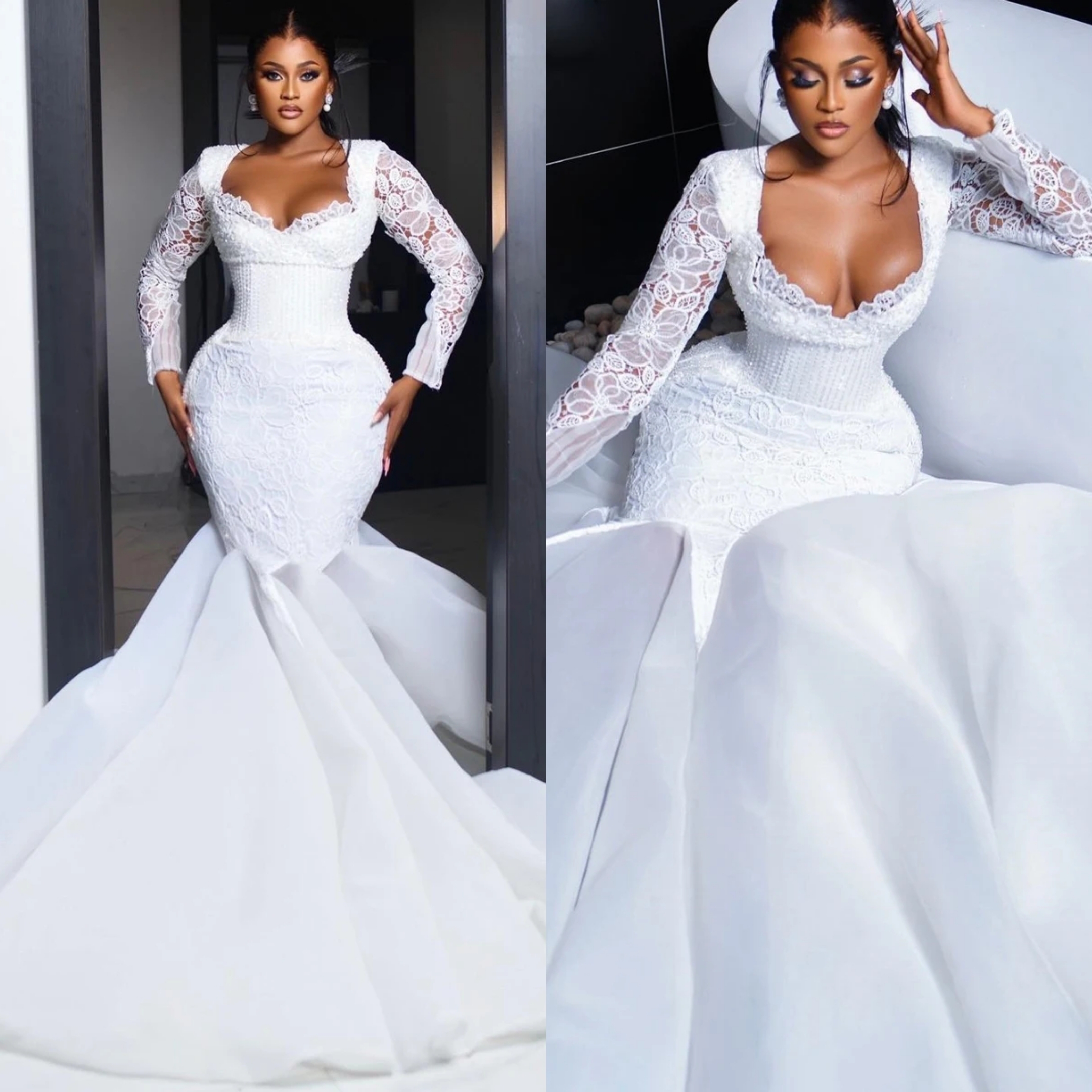 Mermaid Wedding Fashion Dresses For Women Sweetheart Neck Long Sleeves Bridal Gown Lace Sequins Sweep Train Dress Custom Made