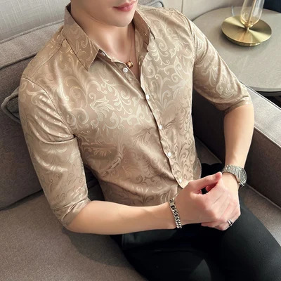 spring and summer short-sleeved shirt British style personalized shirt slim fit retro printing trend mens shirt 240615