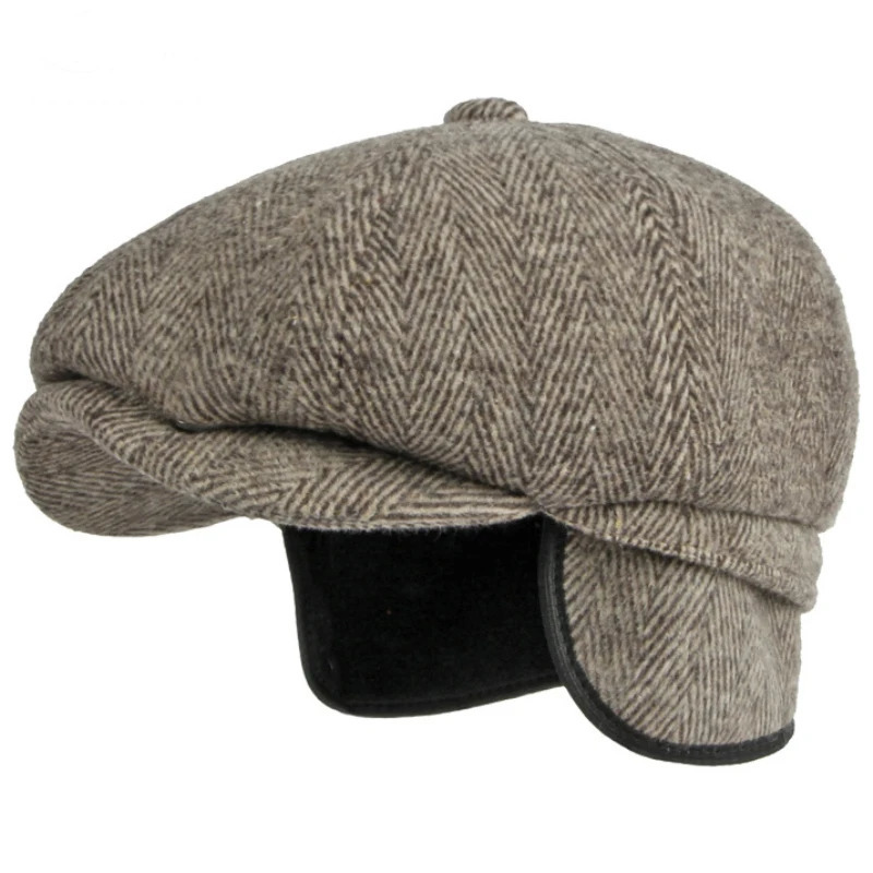 HT3336 Autumn Winter Cap Hat Thick Warm Men Beret Male Vintage Wool Dad Grandfather Octagonal Flat 240603