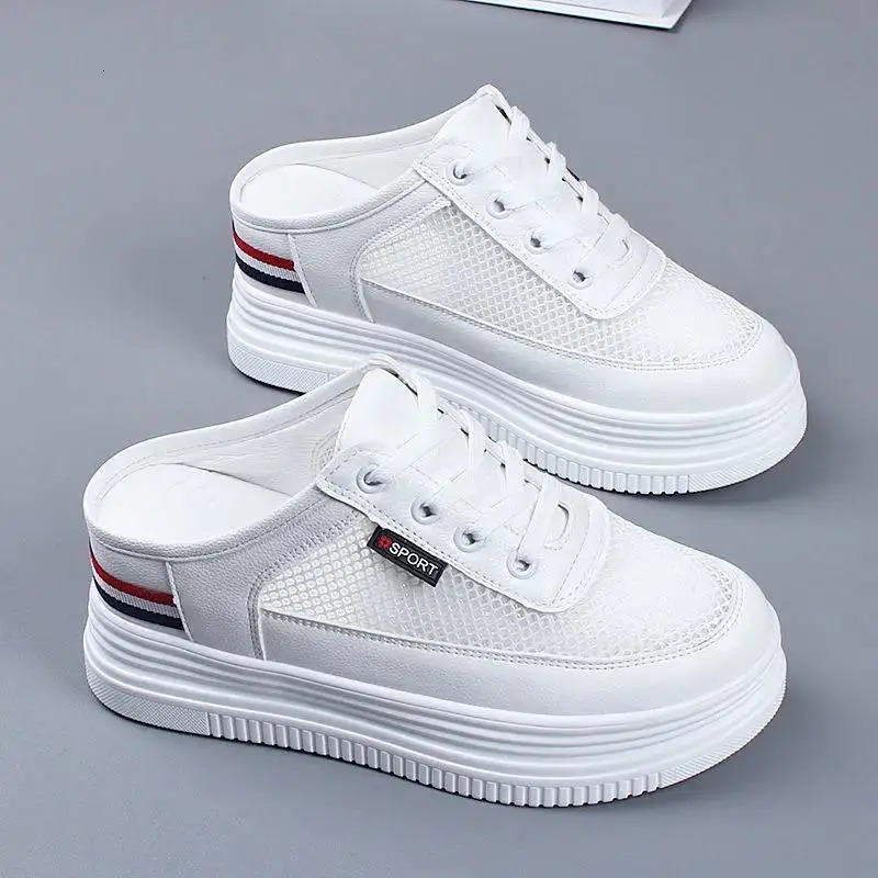 New Half Slippers Women Mesh Mules Summer Inner Heightening Outdoor Breathable Casual Shoes White Platform Slip On Sneakers 240618