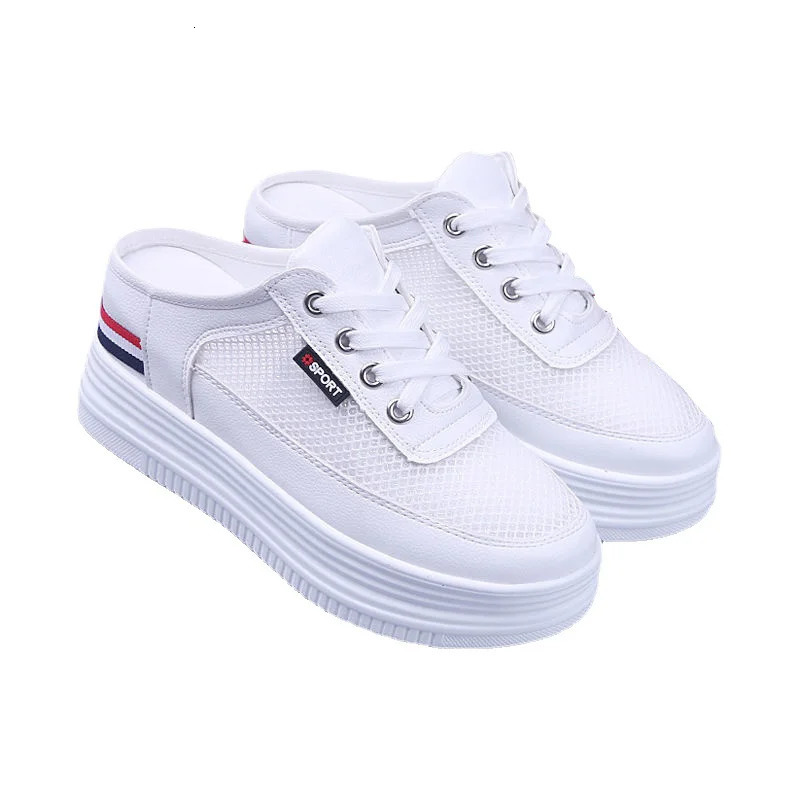 New Half Slippers Women Mesh Mules Summer Inner Heightening Outdoor Breathable Casual Shoes White Platform Slip On Sneakers 240618