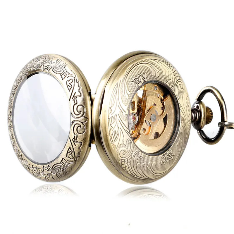 Antique Brozne Transparent Gear Skeleton Mechanical Automatic Self-wind Pocket Watch Retro Pendant Fob Watches Relogio De Bolso 240617