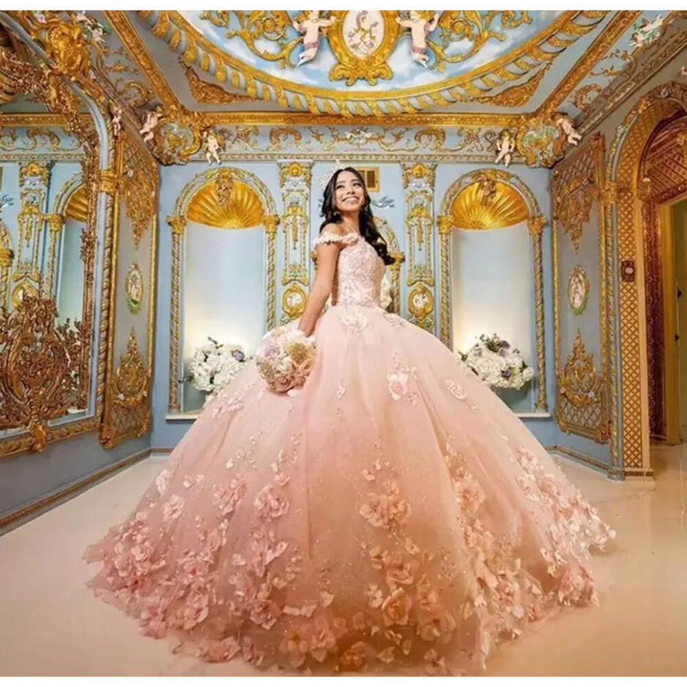 Pink Ball Gowns Quinceanera Dresses Flowers Lace Sweetheart Off The Shoulder Sweet 15 Girls Princess Prom Dress Vestidos De Bc14543