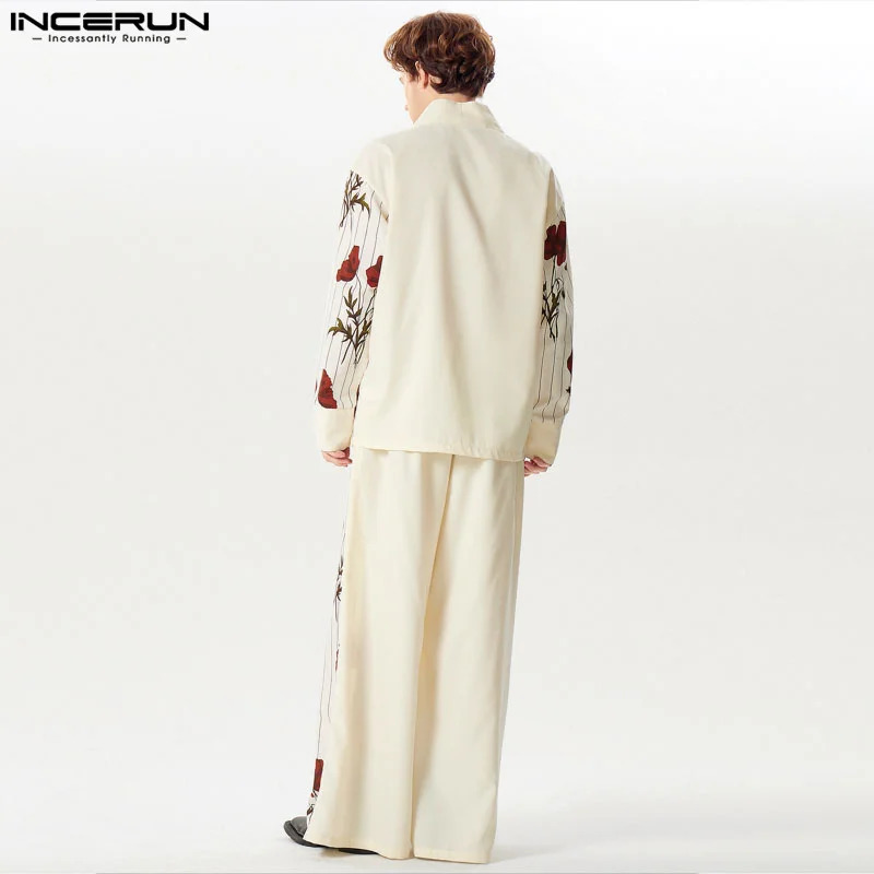 2024 Men Sets Flower Printing Loose V Neck Long Sleeve Shirt Wide Leg Pants 2PCS Streetwear Fashion Mens Casual Suits INCERUN 240617