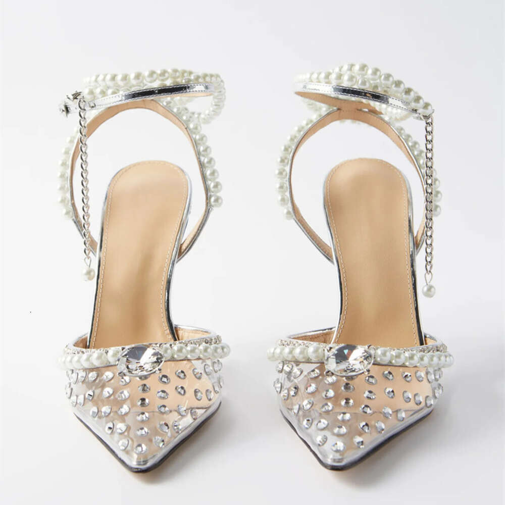 Rhinestones Pearls Transparent PVC Women Pumps Fashion Ankle Strap Bridal Thin High Heels Summer Wedding Party Shoes