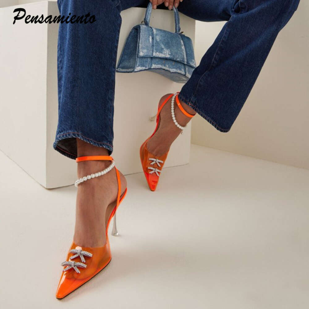 Pearls Crystal Bowknot Women Pumps Fashion Transparent PVC Slingbacks High Heels Elegant Pointed Toe Summer Party Shoes