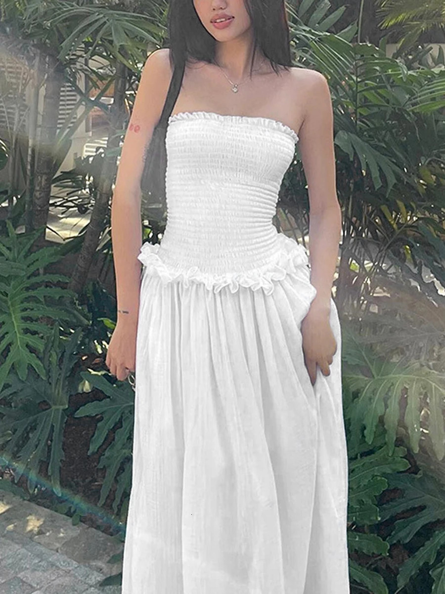 Women Summer Off Shoulder Ruched Bust Ruffle Trim Tube Top Dress Ruched Frills Strapless Sleeveless Party Long Dress 240617