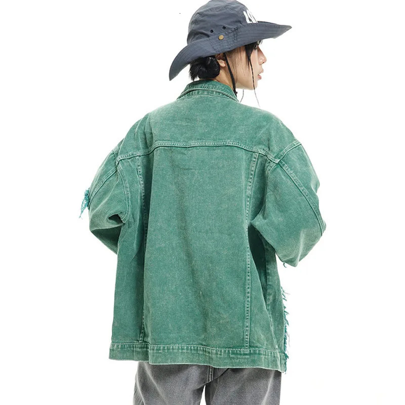 Hip Hop Distressed Denim Jacket Men Vintage Harajuku Patchwork Cowboy Coats Streetwear Casual Loose Varsity Jackets Unisex Green 240617