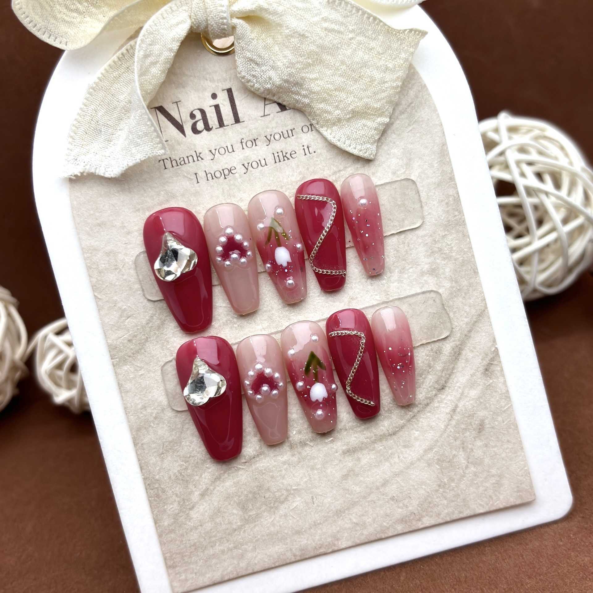 Girls False Nails Plum colored full diamond handmade phototherapy nail art heavy industry steel ball chain temperament wearing armor straight high end