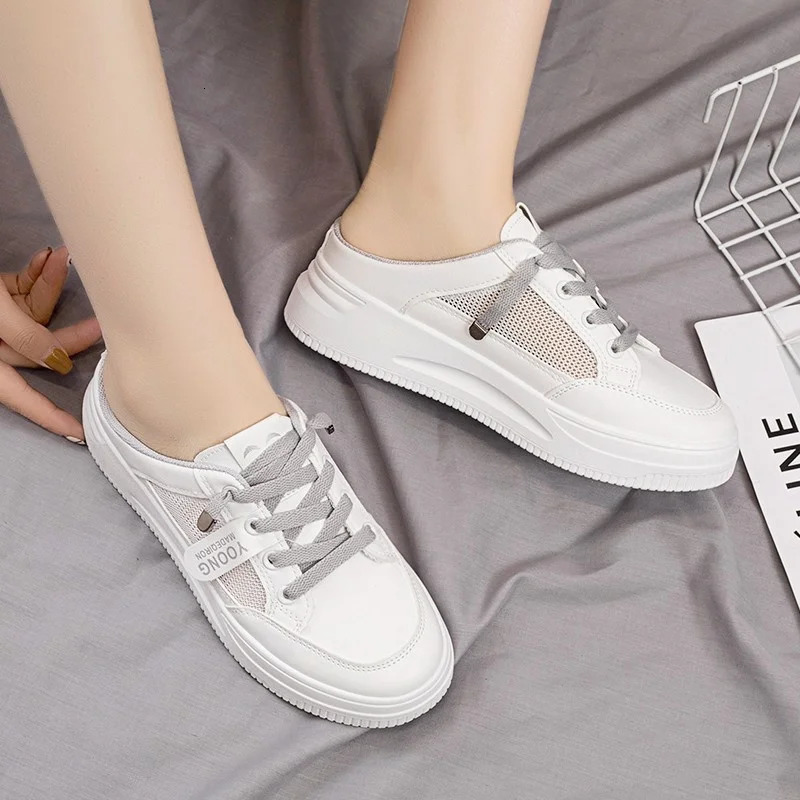 Women Shoes Canvas Tenis Casual Half Slippers Flats Female White Mules Backless Sneakers Mesh Breathable Fashion Loafers 240618