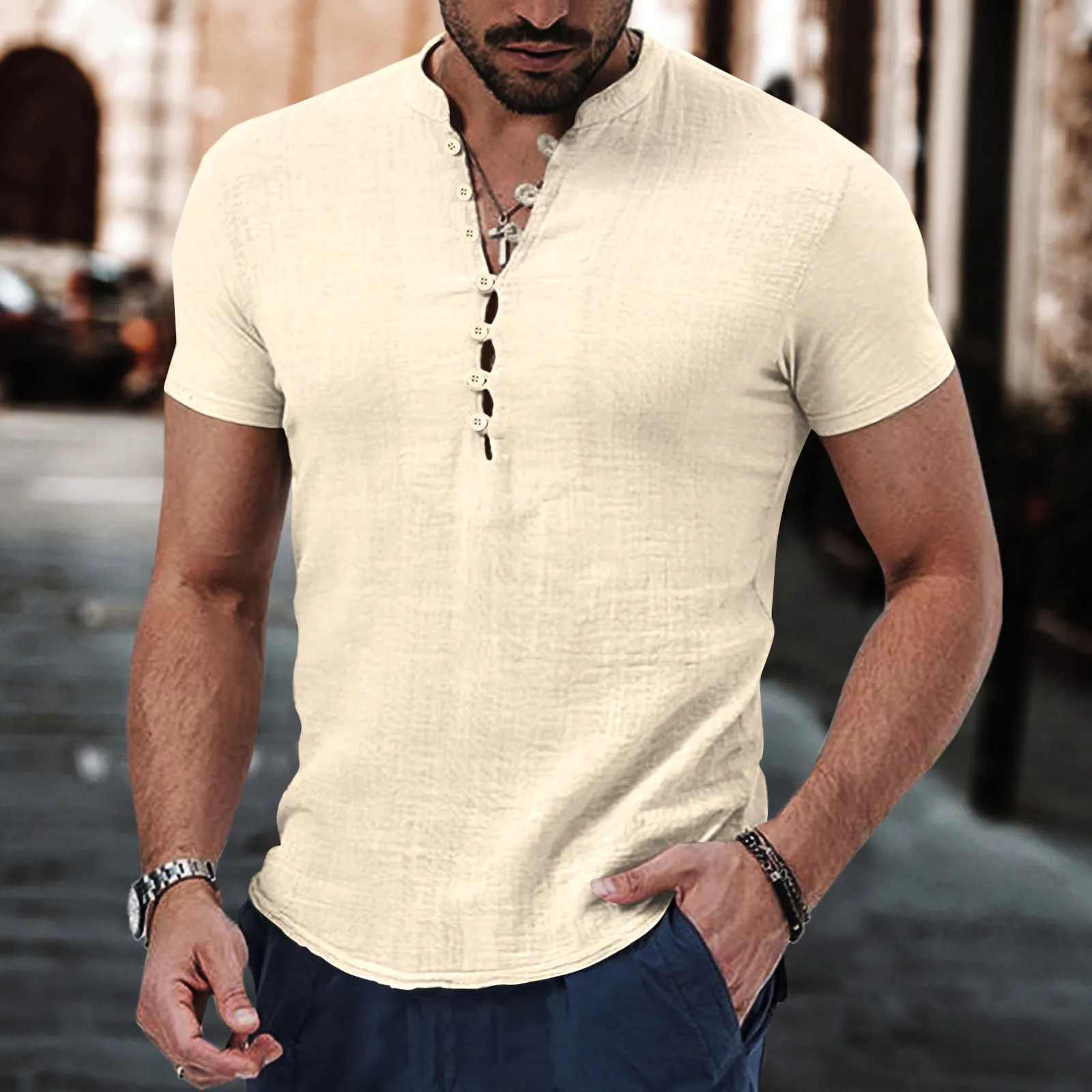 Mens retro cotton linen short-sleeved polo shirt Spring and autumn Henry collar T-shirt casual slim fashion mens shirt 240618