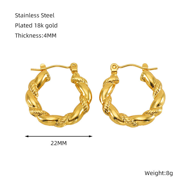 18K Gold Braid Hoop Earrings Shining Stainless Steel Buckle Earring for Woman Girls Hip Hop Fashion Luxury Jewelry Gift