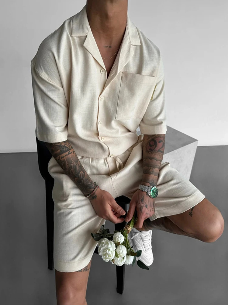 Hip Hop Mens Two Piece Sets Summer Casual Pure Color Short Sleeve Pocket Shirts And Shorts Men Outfits Fashion Loose Suits Male 240617