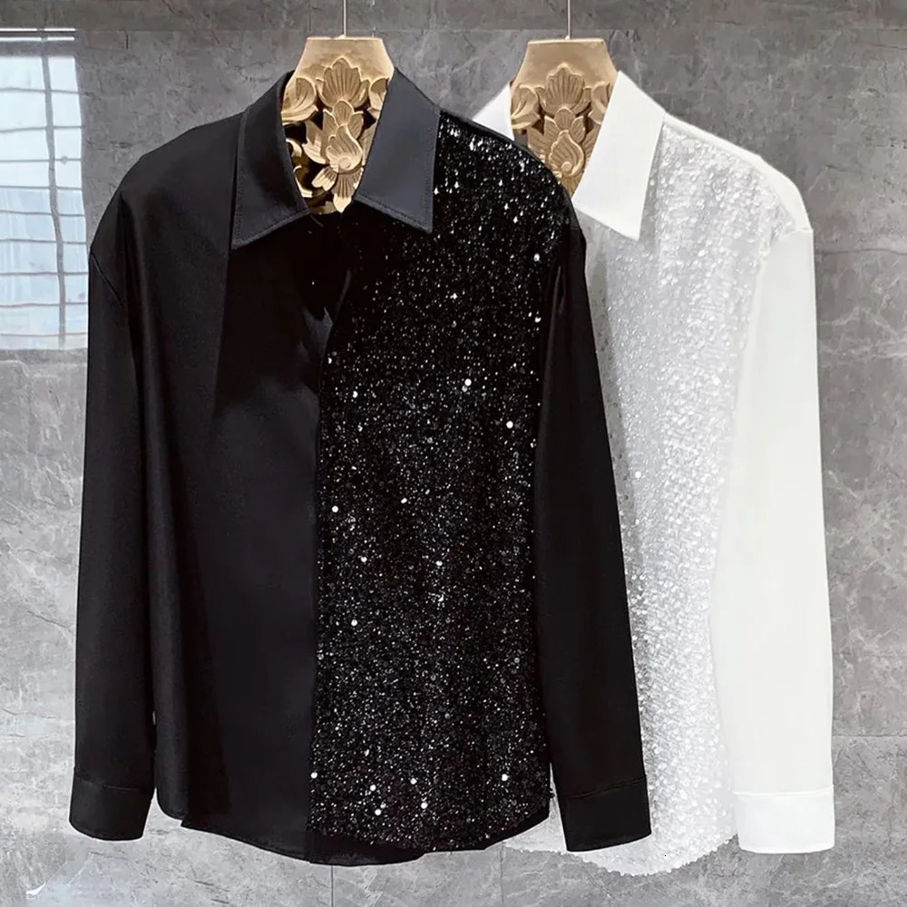 Mens Long Sleeve Shirt Fashion Nightclub Party Sequin Shirt Trend LGBT Stitching Button Shirt Unisex Lapel Solid Color Blouse 240615